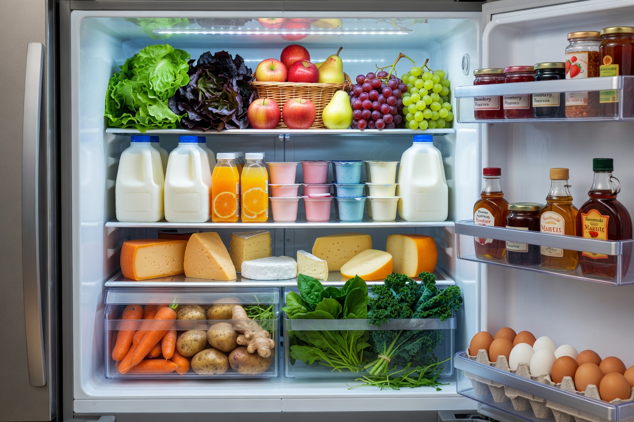 Fresh produce organized in refrigerator