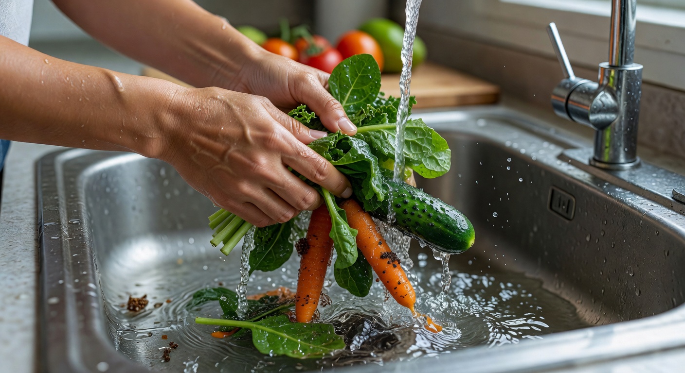 Washing fresh vegetables at the sink